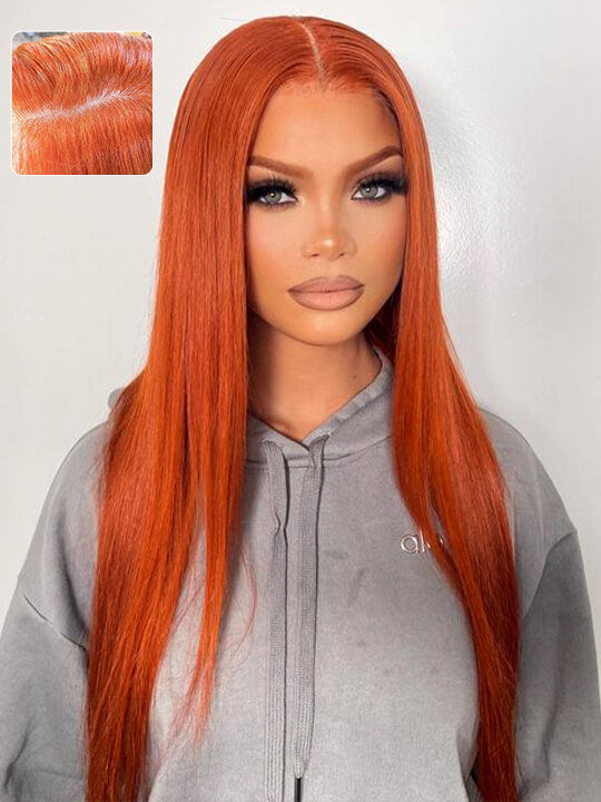 Glueless Ginger Orange Hair 5x5 Lace Wigs Silky Straight Transparent Lace Human Hair Wigs - KissLove Hair