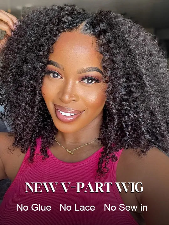 Kisslove Easi-Drawstring V Part Glueless Kinky Curly Wig Hand Tied Beginner Friendly Human Hair Wigs