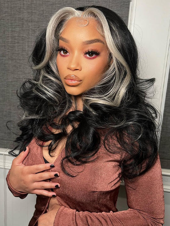 Gray Skunk Stripe Wig Highlights 3D Body Wave 13x4 HD Lace Front Human Hair Wigs - KissLove Hair