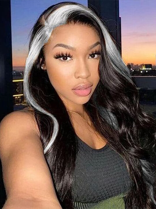 Gray Skunk Stripe Wig Highlights 3D Body Wave 13x4 HD Lace Front Human Hair Wigs - KissLove Hair