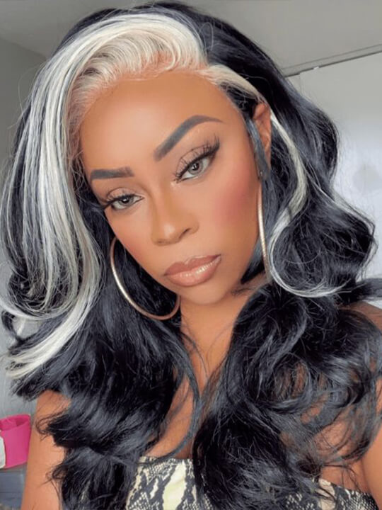Gray Skunk Stripe Wig Highlights 3D Body Wave 13x4 HD Lace Front Human Hair Wigs - KissLove Hair