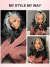 Gray Skunk Stripe Wig Highlights 3D Body Wave 13x4 HD Lace Front Human Hair Wigs - KissLove Hair