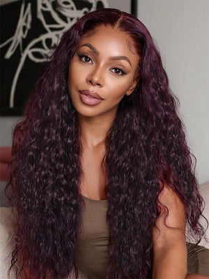 Kisslove Hair Black Cherry Water Wave Invisi Drawstring Lace Frontal Wig Glueless Dark Plum Color Wig - Kisslove Hair