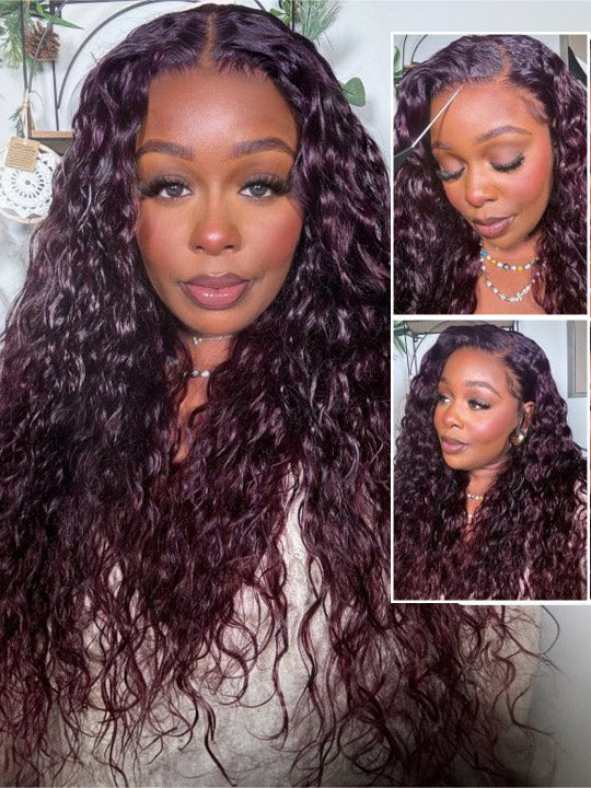 Kisslove Hair Black Cherry Water Wave Invisi Drawstring Lace Frontal Wig Glueless Dark Plum Color Wig - Kisslove Hair