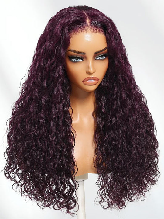 Kisslove Hair Black Cherry Water Wave Invisi Drawstring Lace Frontal Wig Glueless Dark Plum Color Wig
