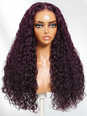 Kisslove Hair Black Cherry Water Wave Invisi Drawstring Lace Frontal Wig Glueless Dark Plum Color Wig - Kisslove Hair