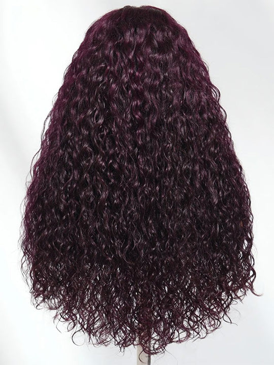 Kisslove Hair Black Cherry Water Wave Invisi Drawstring Lace Frontal Wig Glueless Dark Plum Color Wig