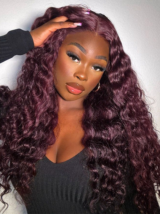 Kisslove Hair Black Cherry Water Wave Invisi Drawstring Lace Frontal Wig Glueless Dark Plum Color Wig