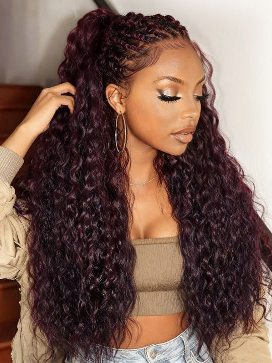 Kisslove Hair Black Cherry Water Wave Invisi Drawstring Lace Frontal Wig Glueless Dark Plum Color Wig