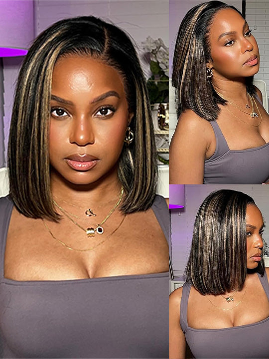 Straight Hair Honey Blonde Highlights On Black Hair Glueless Short Bob Wig Kisslove Hair
