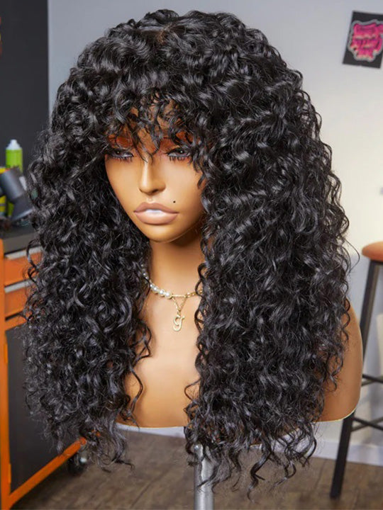 Bouncy Natural Wave Wig with Bangs Glueless 3x1 Lace Pull & Go Drawstring Wig - KissLove Hair