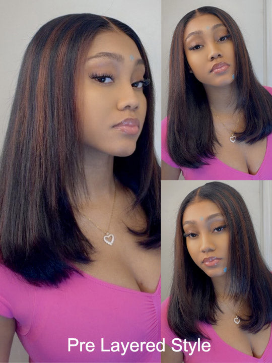 Kisslove Hair Brown Highlight Silky Press Yaki Straight Bob Wig 13x4 Lace Frontal Short Bob Wigs
