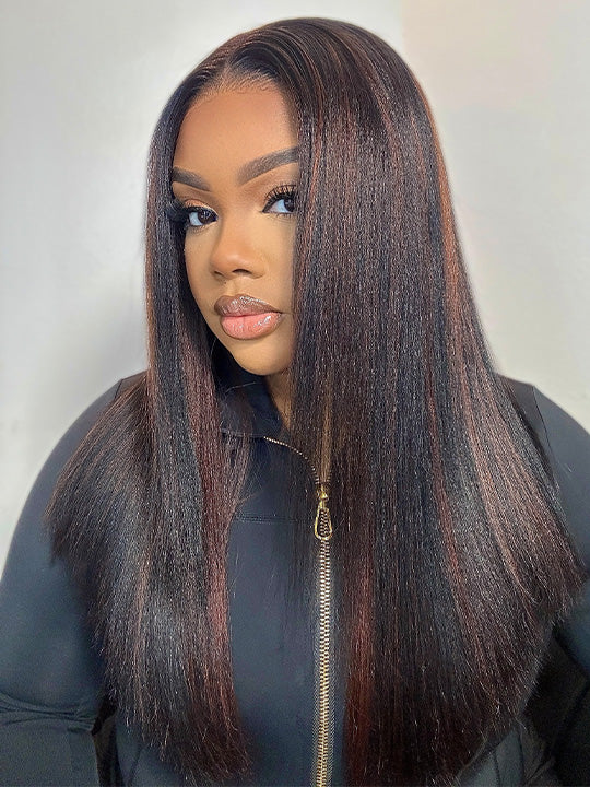 Kisslove Hair Brown Highlights Yaki Straight Pre Everything Glueless Lace Frontal Wig - Kisslove Hair