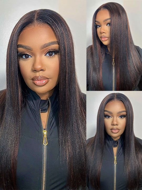 Kisslove Hair Brown Highlights Yaki Straight Pre Everything Glueless Lace Frontal Wig