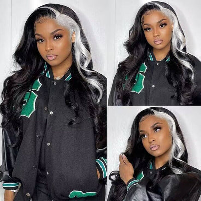 Gray Skunk Stripe Wig Highlights Body Wave 13x4 HD Lace Front Human Hair Wigs - KissLove Hair