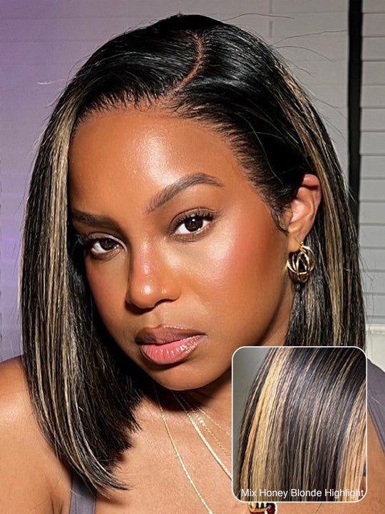 Straight Hair Honey Blonde Highlights On Black Hair Glueless Short Bob Wig Kisslove Hair