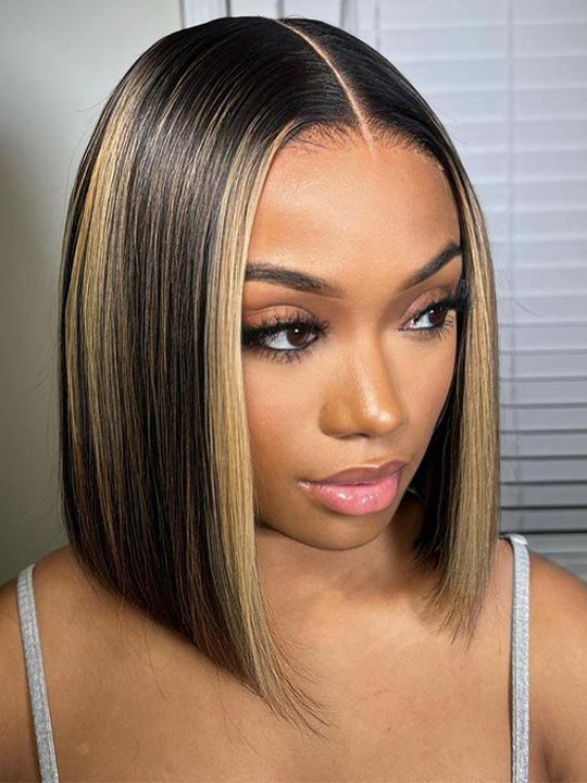 Straight Hair Honey Blonde Highlights On Black Hair Glueless Short Bob Wig Kisslove Hair