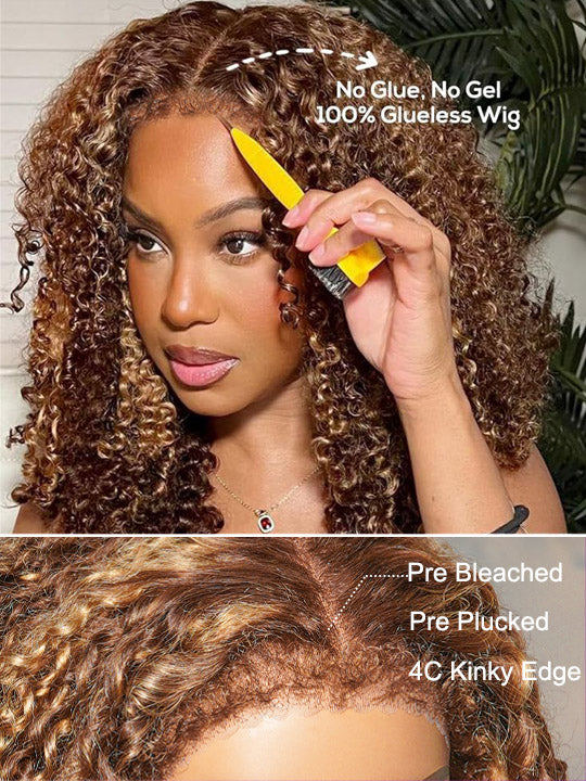 4C Kinky Edge Honey Blonde Highlights Kinky Curly 7x5 Glueless Lace Frontal Wig Kisslove Hair