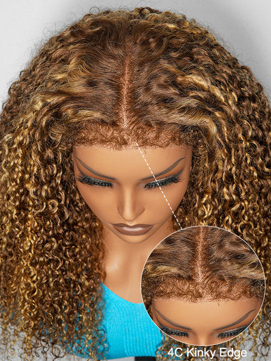4C Kinky Edge Honey Blonde Highlights Kinky Curly 7x5 Glueless Lace Frontal Wig Kisslove Hair