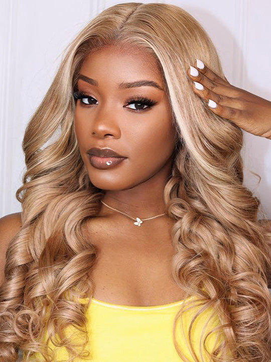 Light Flaxen Brown With Blonde Highlights 3D Body Wave 13x4 Lace Front Human Hair Wigs - KissLove Hair