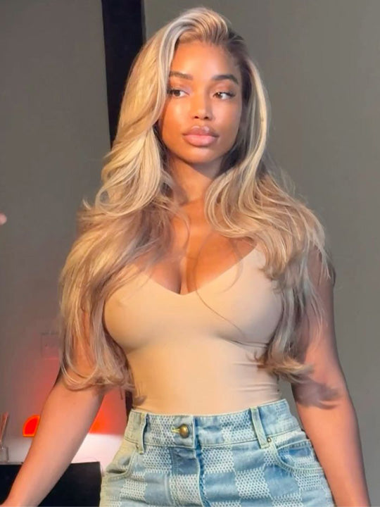 Light Flaxen Brown With Blonde Highlights 3D Body Wave 13x4 Lace Front Human Hair Wigs - KissLove Hair