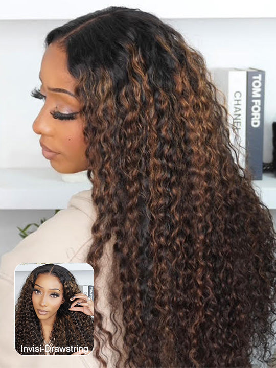 Kisslove Hair Black With Brown Highlights Water Wave Wig Invisi Drawstring 360 Lace Frontal Wig