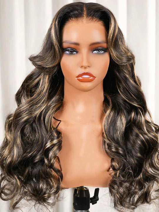 Kisslove Hair Honey Blonde Highlight Body Wave Wig With Invisi Drawstring 7x5 Glueless Lace Wig