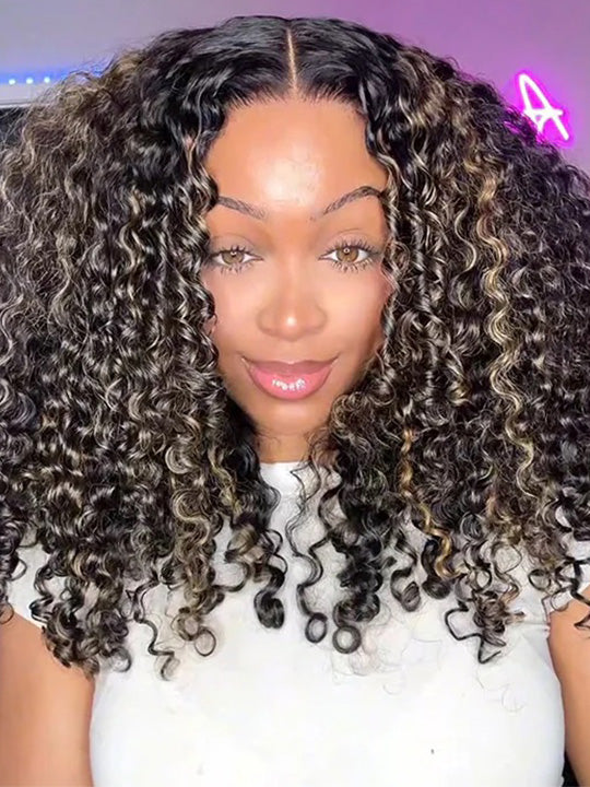 Kisslove Hair Honey Blonde Highlights On Black Hair 7x5 Glueless Kinky Curly Lace Frontal Wig