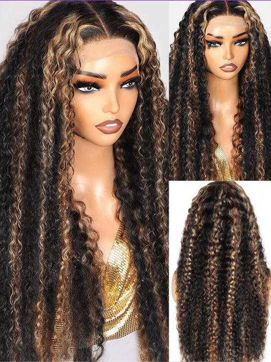 Kisslove Hair Honey Blonde Highlights On Black Hair 7x5 Glueless Kinky Curly Lace Frontal Wig