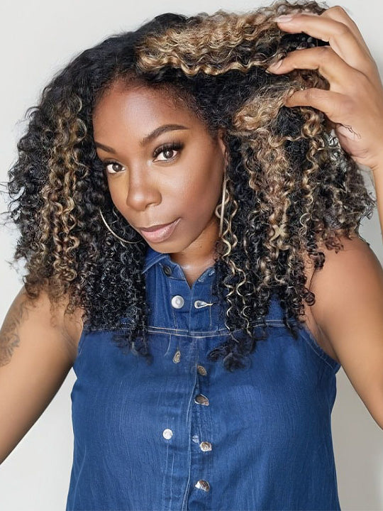 Kisslove Hair Honey Blonde Highlights On Black Hair 7x5 Glueless Kinky Curly Lace Frontal Wig