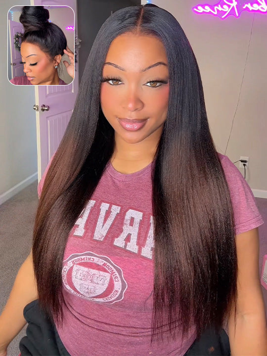 Kisslove Ombre Brown Yaki Straight Body Wave 360 Invisi-Drawstring Lace Human Hair Wigs