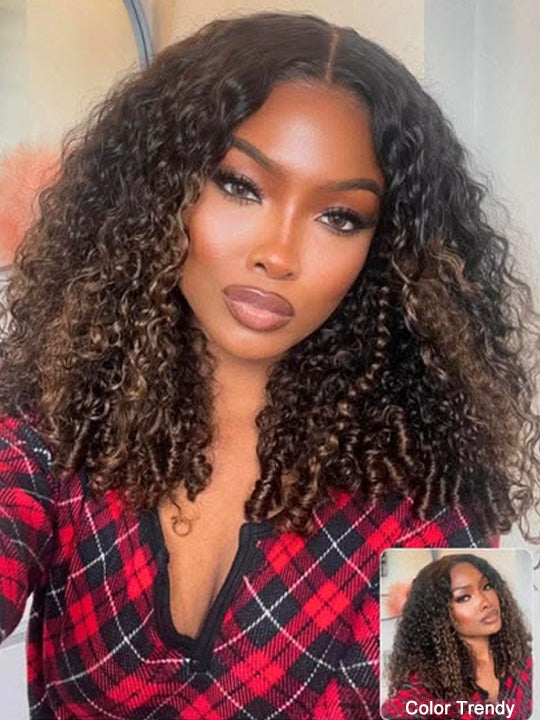 Ombre Black to Chestnut Brown Burmese Curly With Finger Coil Ends Wig Pull Go Invisi Drawstring Wig