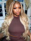 Glueless Ombre Warm Brown To Blonde Balayage Bouncy Body Wave Wig 6x4.5 Lace Wig