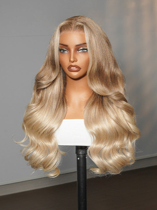 Glueless Ombre Warm Brown To Blonde Balayage Bouncy Body Wave Wig 6x4.5 Lace Wig
