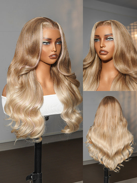 Glueless Ombre Warm Brown To Blonde Balayage Bouncy Body Wave Wig 6x4.5 Lace Wig - KissLove Hair