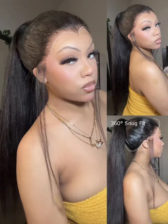 300% Density 360 Lace Frontal Ponytail Wig Widows Peak Hairline Yaki Straight Glueless Lace Wig Kisslove Hair