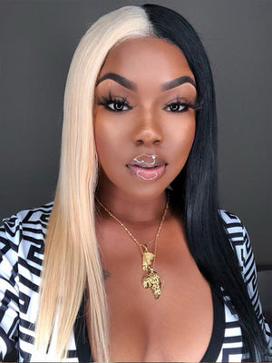 Cruella Half 613 Blonde Half Black Hair Wig Straight 4x4/13x4/13x6 Lace Human Hair Wigs - KissLove Hair