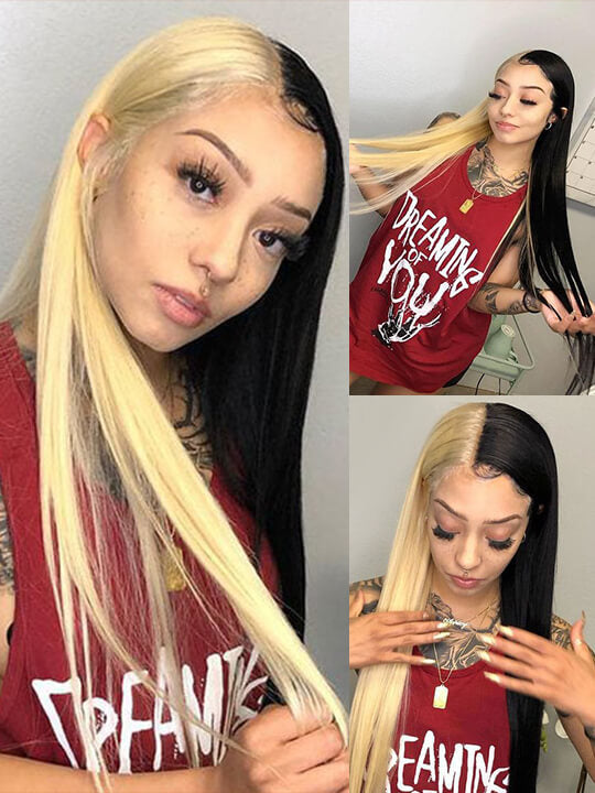 Cruella Half 613 Blonde Half Black Hair Wig Straight 4x4/13x4/13x6 Lace Human Hair Wigs - KissLove Hair