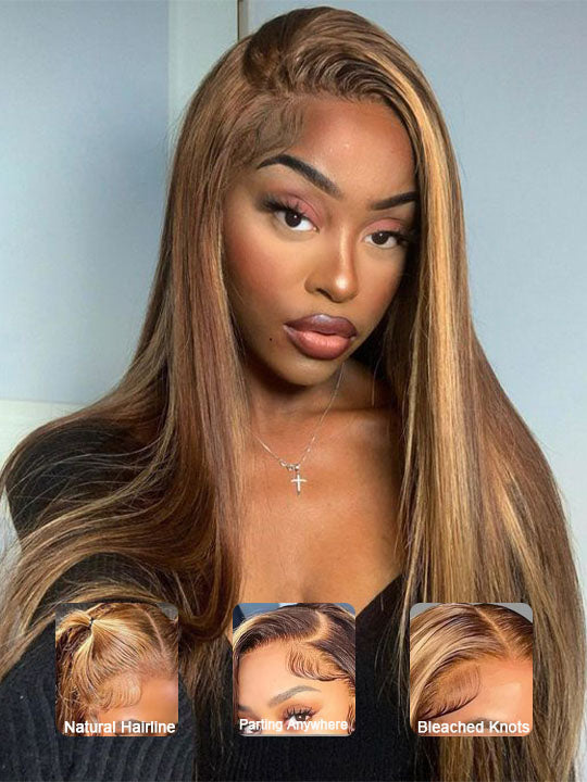 Kisslove Brown Highlights Straight Human Hair Wigs Pre-bleached Invisi Strap Snug Fit 360 Lace Frontal Wig - Kisslove Hair