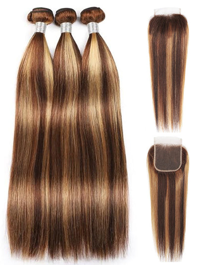 P4/27 Highlight Straight Human Hair 3 Bundles With Closure 12A Brazilian Hair - KissLove Hair