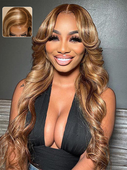 Honey Blonde Highlight 3D Body Wave 13x6 Lace Frontal Wig Bleached Knots 100% Human Hair Wear and Go Wigs