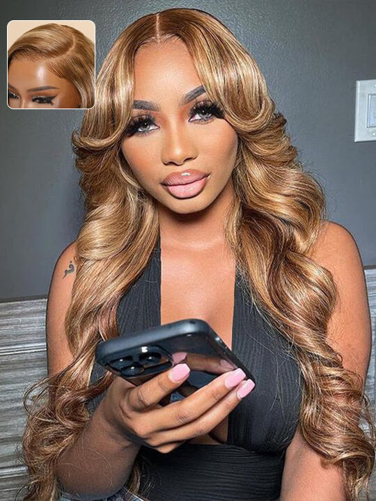 Honey Blonde Highlight 3D Body Wave 13x6 Lace Frontal Wig Bleached Knots 100% Human Hair Wear and Go Wigs