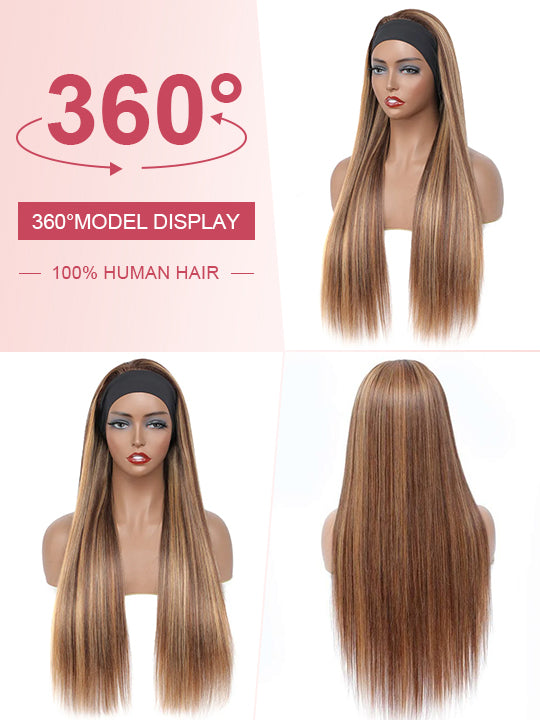 Honey Blonde Highlight Straight Hair Headband Wigs Beginner Friendly Glueless Human Hair Wigs - KissLove Hair