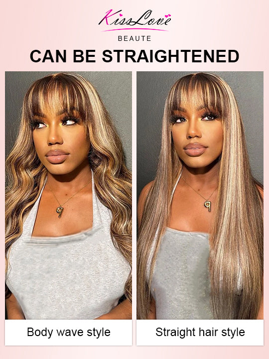 Highlight Wig With Bangs 3D Body Wave Full Machine Made Glueless Human Hair Wigs