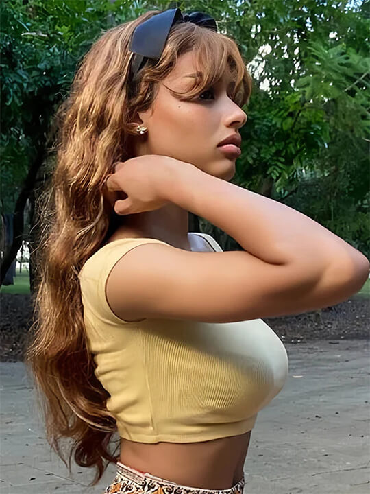 Highlight Wig With Bangs 3D Body Wave Full Machine Made Glueless Human Hair Wigs