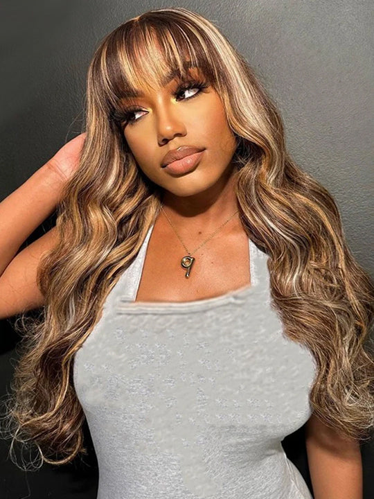 Highlight Wig With Bangs 3D Body Wave Full Machine Made Glueless Human Hair Wigs