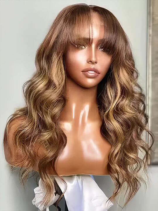 Highlight Wig With Bangs 3D Body Wave Full Machine Made Glueless Human Hair Wigs