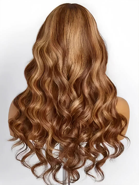 Highlight Wig With Bangs 3D Body Wave Full Machine Made Glueless Human Hair Wigs