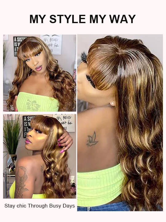 Highlight Wig With Bangs 3D Body Wave Full Machine Made Glueless Human Hair Wigs