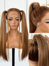 Kisslove Brown Highlights Straight Human Hair Wigs Pre-bleached Invisi Strap Snug Fit 360 Lace Frontal Wig - Kisslove Hair